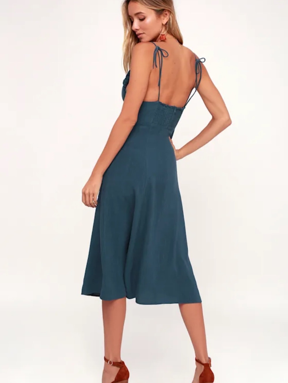 Lulus Lisbeth Dark Denim Blue Button Front Midi Dress - Size S - Picture 3 of 4